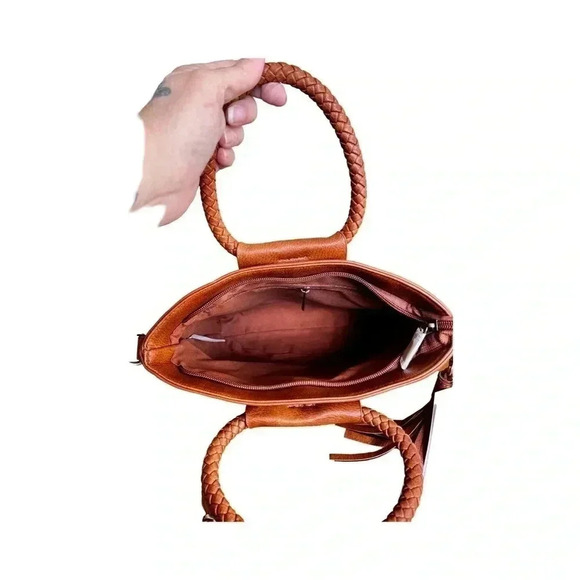 Braided top handle small tote, inside zip & back pocket, crossbody strap NWT - Picture 3 of 4